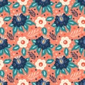 Vector seamless pattern with different flowers, leaves, berries on a pink background. pattern for printing on fabric, clothing Royalty Free Stock Photo